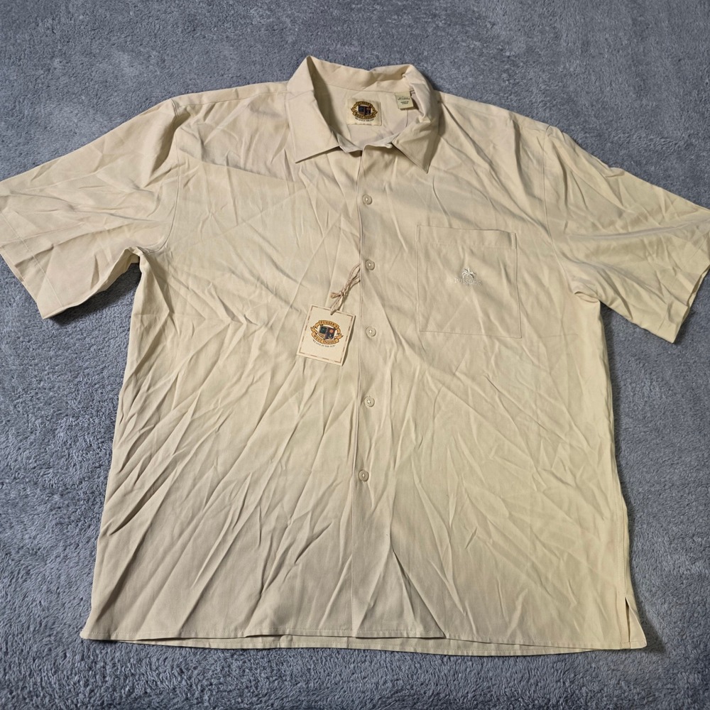 Pusser's West Indies Mens L Button Shirt Tan Silk Cotton Blend Short Sleeve Pock